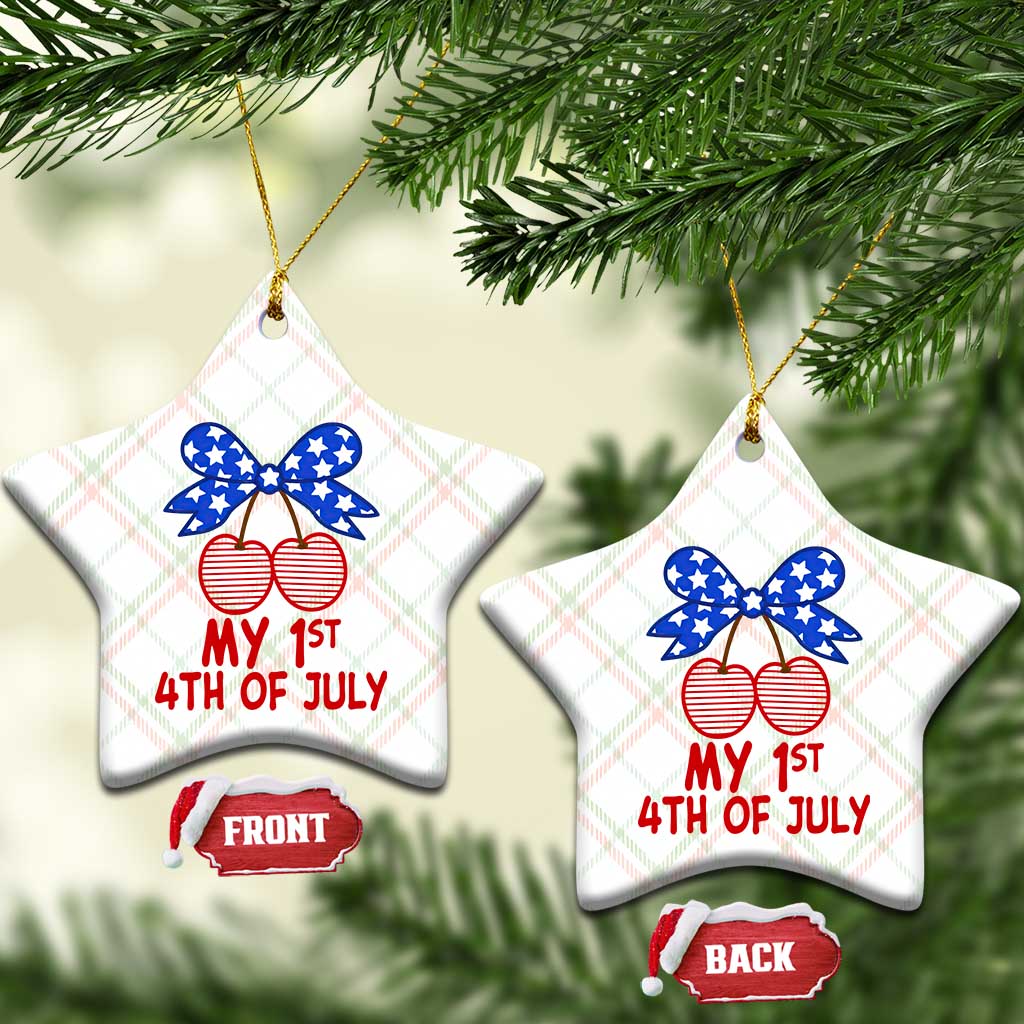 My 1st 4th of July Coquette Bow Striped Cherries Ceramic Ornament Preppy Patriotic Baby Girl Independence Holiday