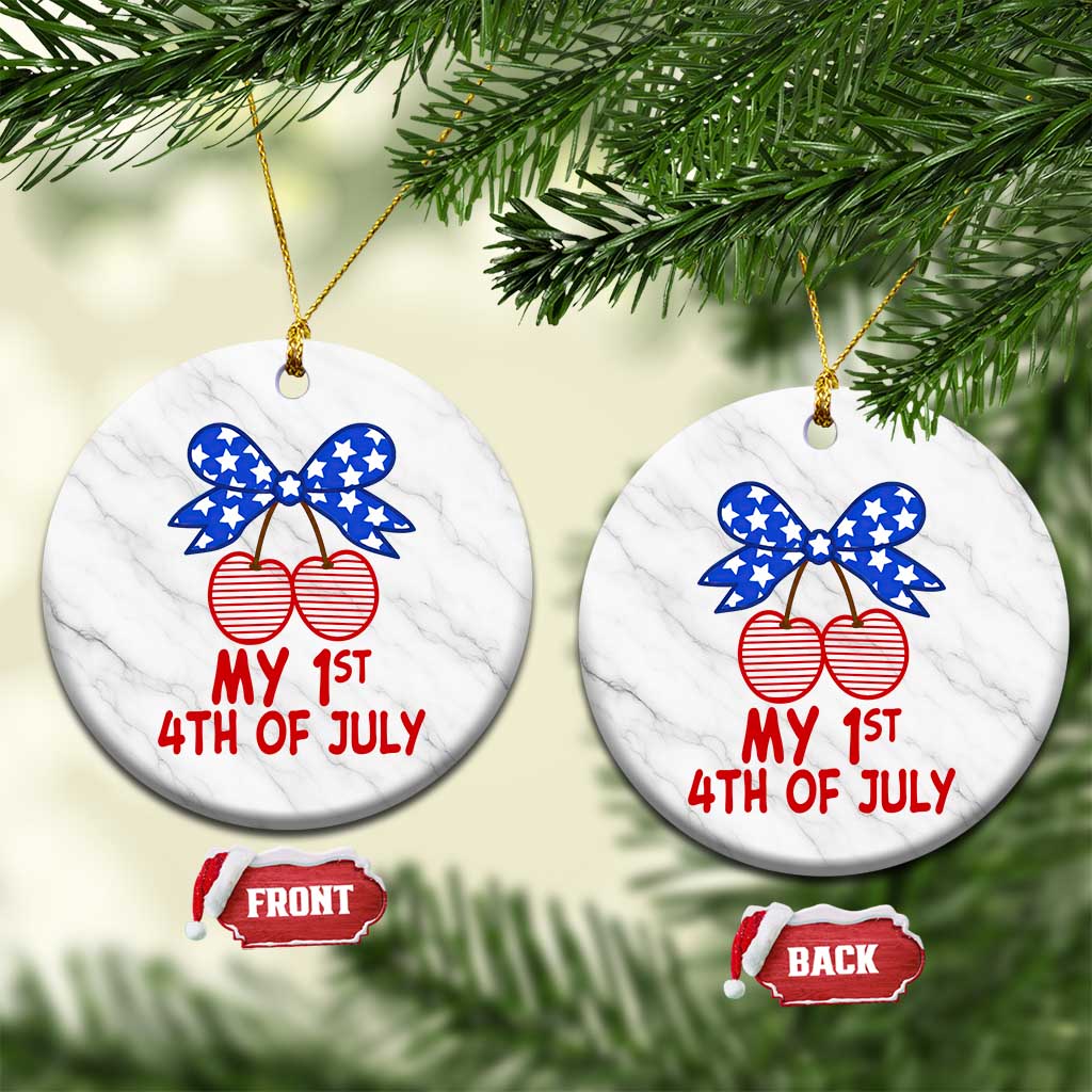 My 1st 4th of July Coquette Bow Striped Cherries Ceramic Ornament Preppy Patriotic Baby Girl Independence Holiday