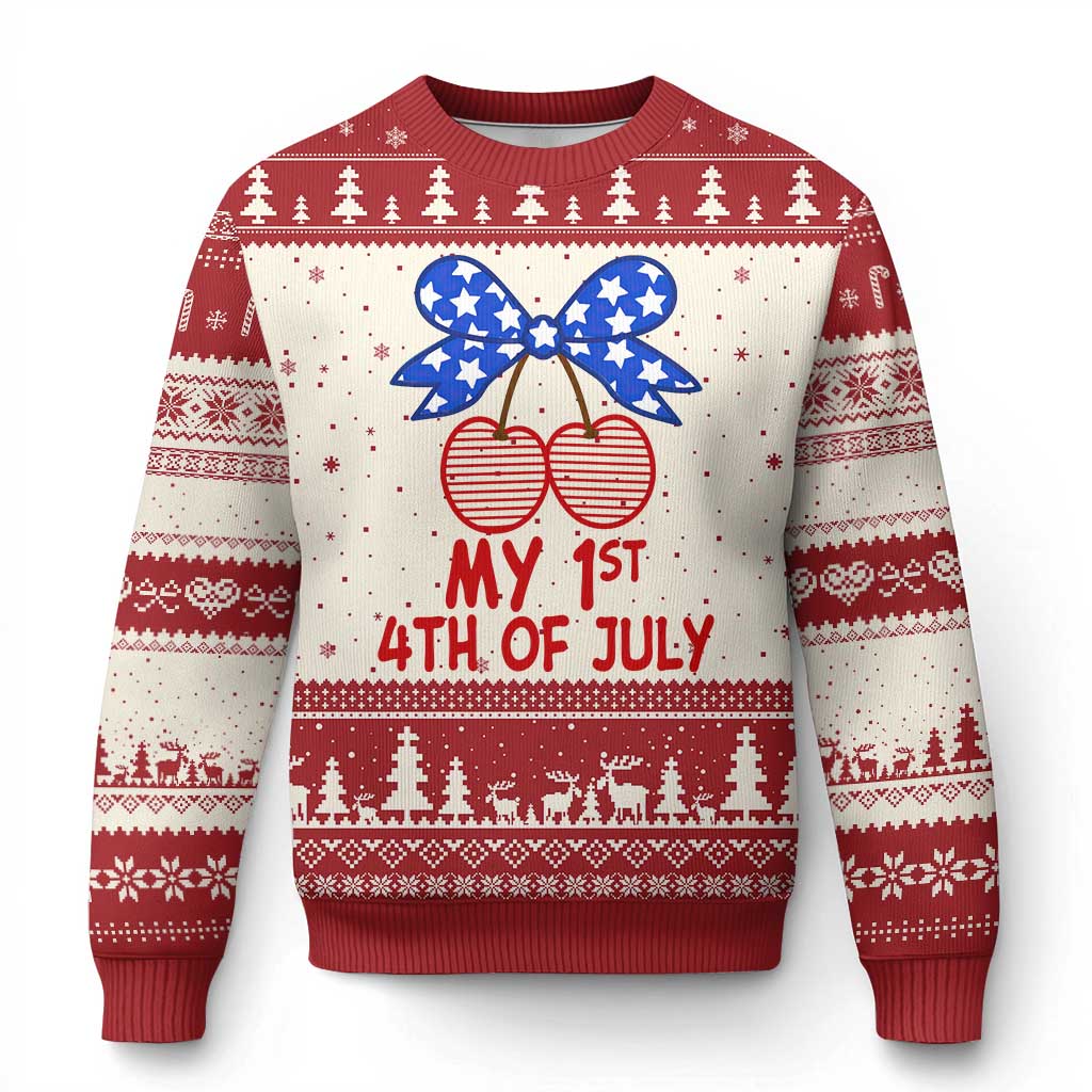 My 1st 4th of July Coquette Bow Striped Cherries Ugly Christmas Sweater Preppy Patriotic Baby Girl Independence Holiday