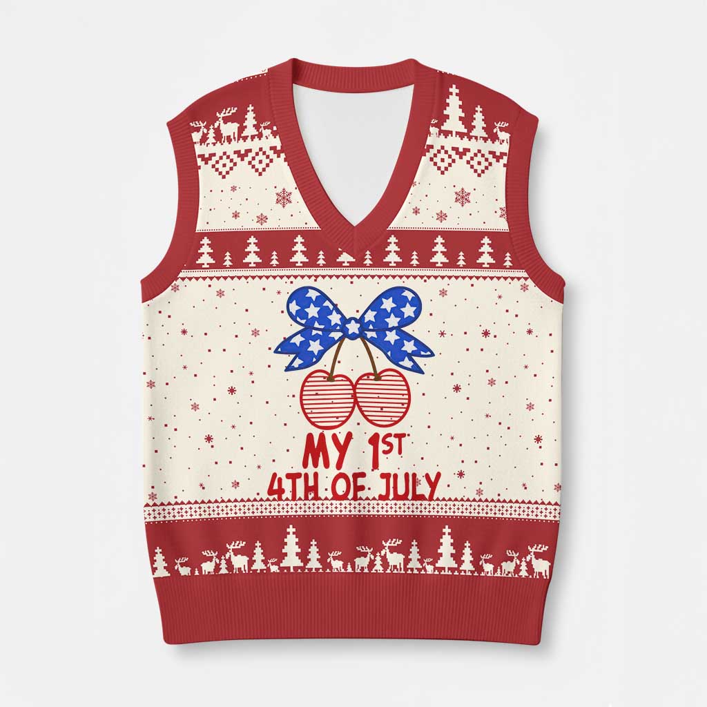 My 1st 4th of July Coquette Bow Striped Cherries V-Neck Knit Sweater Vest Preppy Patriotic Baby Girl Independence Holiday