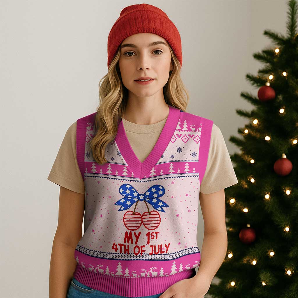 My 1st 4th of July Coquette Bow Striped Cherries V-Neck Knit Sweater Vest Preppy Patriotic Baby Girl Independence Holiday