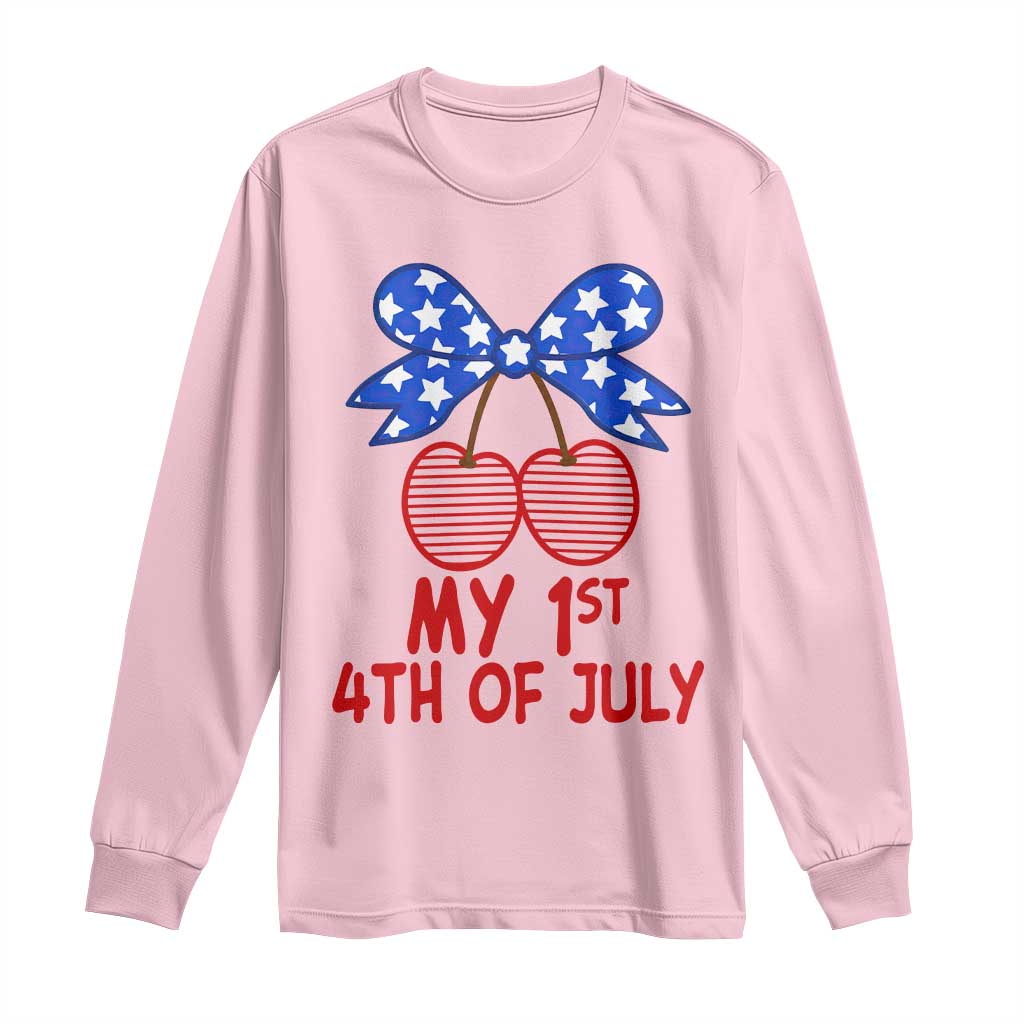 My 1st 4th of July Coquette Bow Striped Cherries Long Sleeve Shirt Preppy Patriotic Baby Girl Independence Holiday