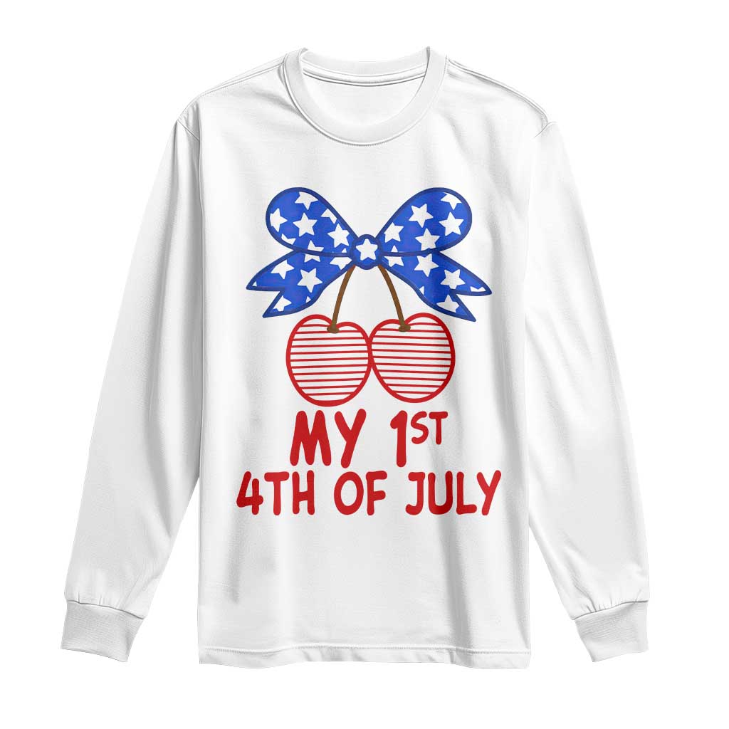 My 1st 4th of July Coquette Bow Striped Cherries Long Sleeve Shirt Preppy Patriotic Baby Girl Independence Holiday