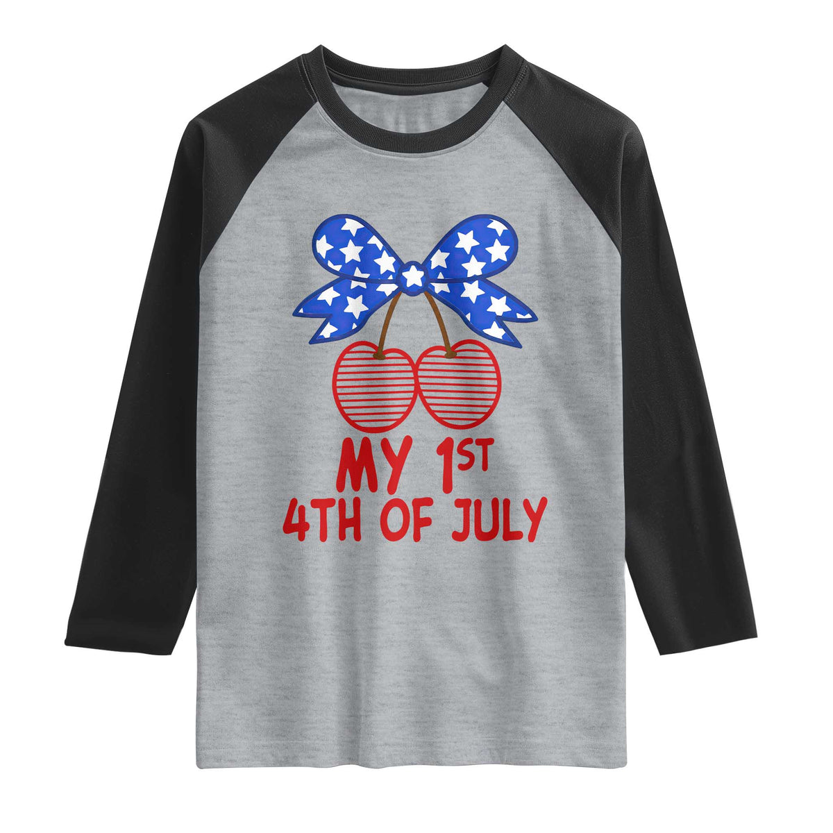 My 1st 4th of July Coquette Bow Striped Cherries Raglan Shirt Preppy Patriotic Baby Girl Independence Holiday