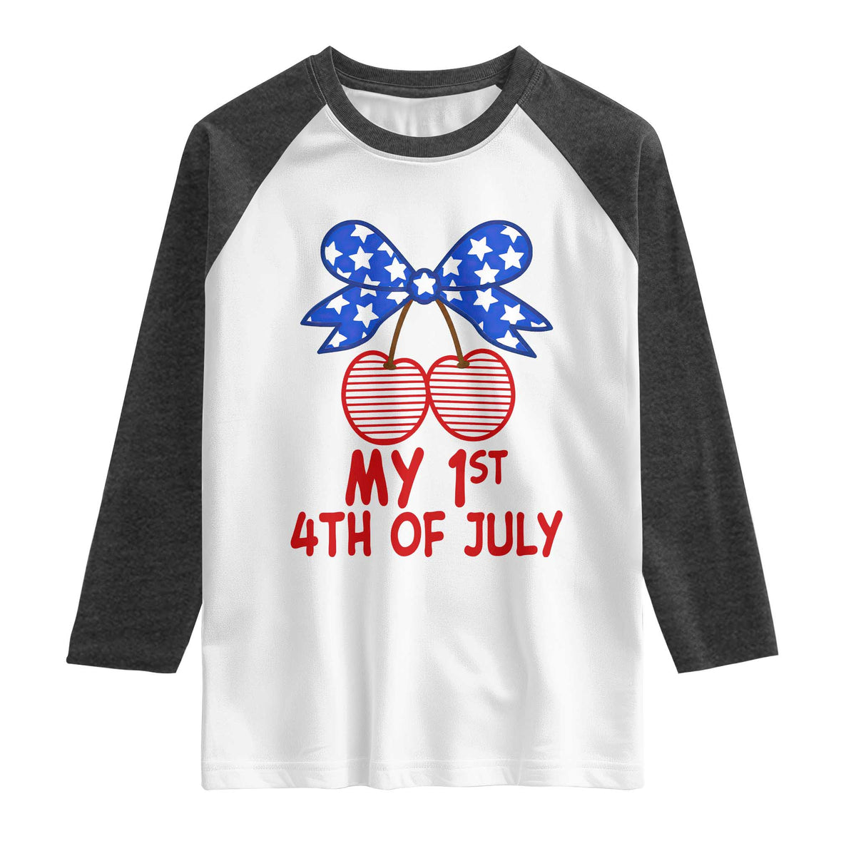 My 1st 4th of July Coquette Bow Striped Cherries Raglan Shirt Preppy Patriotic Baby Girl Independence Holiday