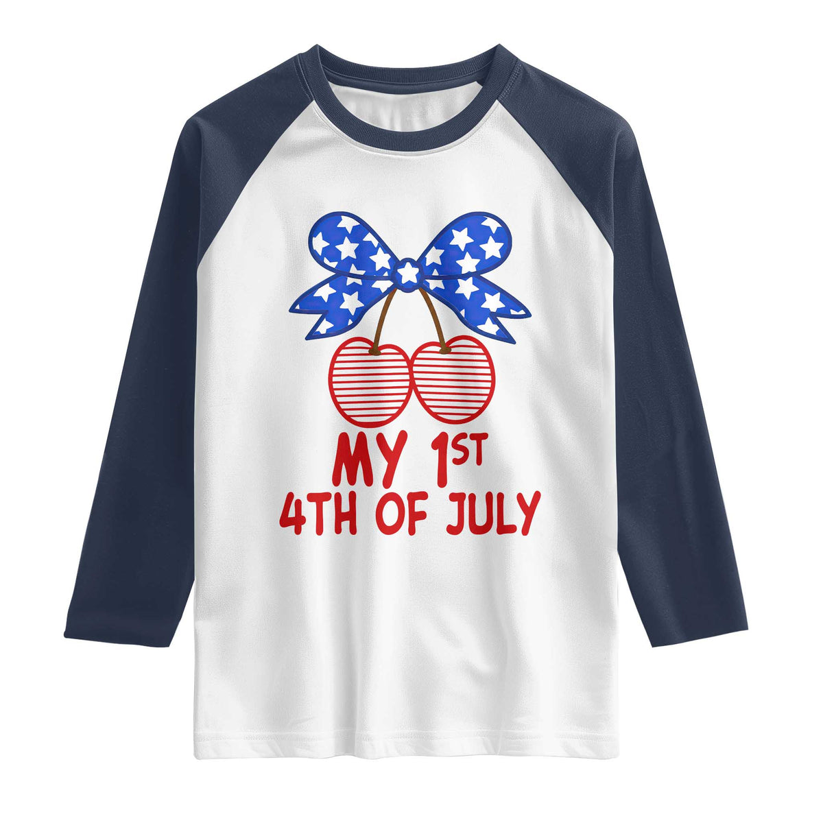 My 1st 4th of July Coquette Bow Striped Cherries Raglan Shirt Preppy Patriotic Baby Girl Independence Holiday