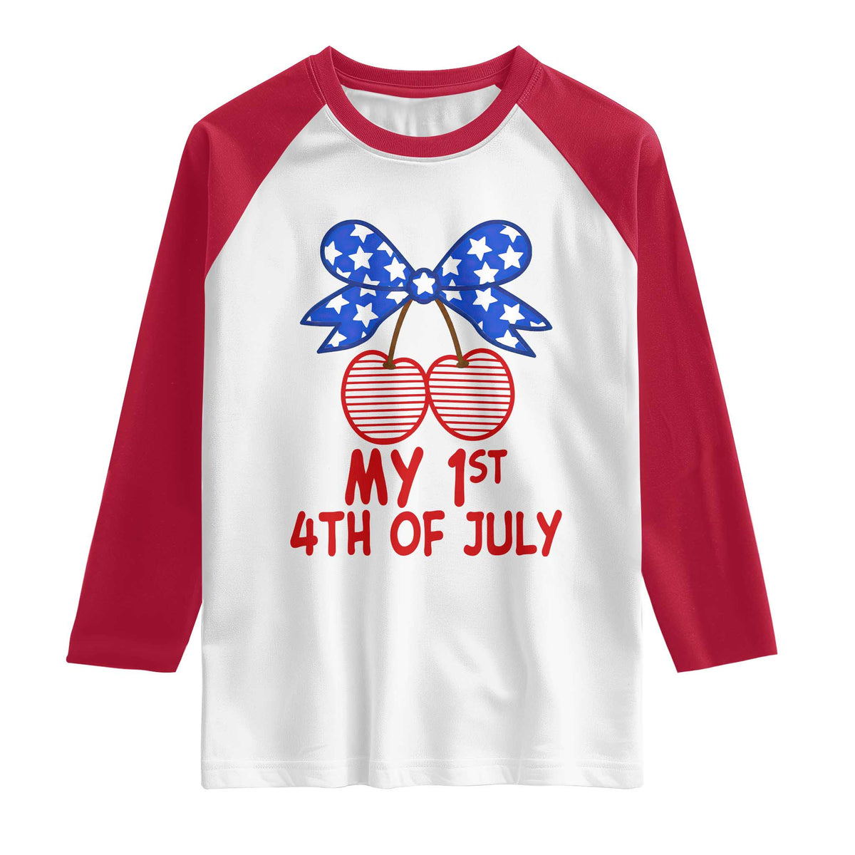 My 1st 4th of July Coquette Bow Striped Cherries Raglan Shirt Preppy Patriotic Baby Girl Independence Holiday