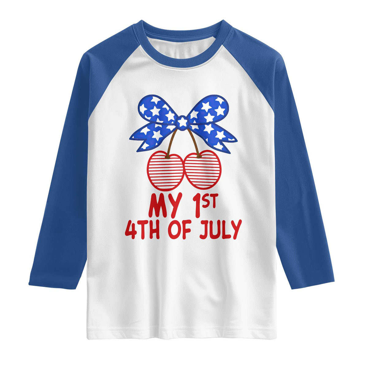 My 1st 4th of July Coquette Bow Striped Cherries Raglan Shirt Preppy Patriotic Baby Girl Independence Holiday