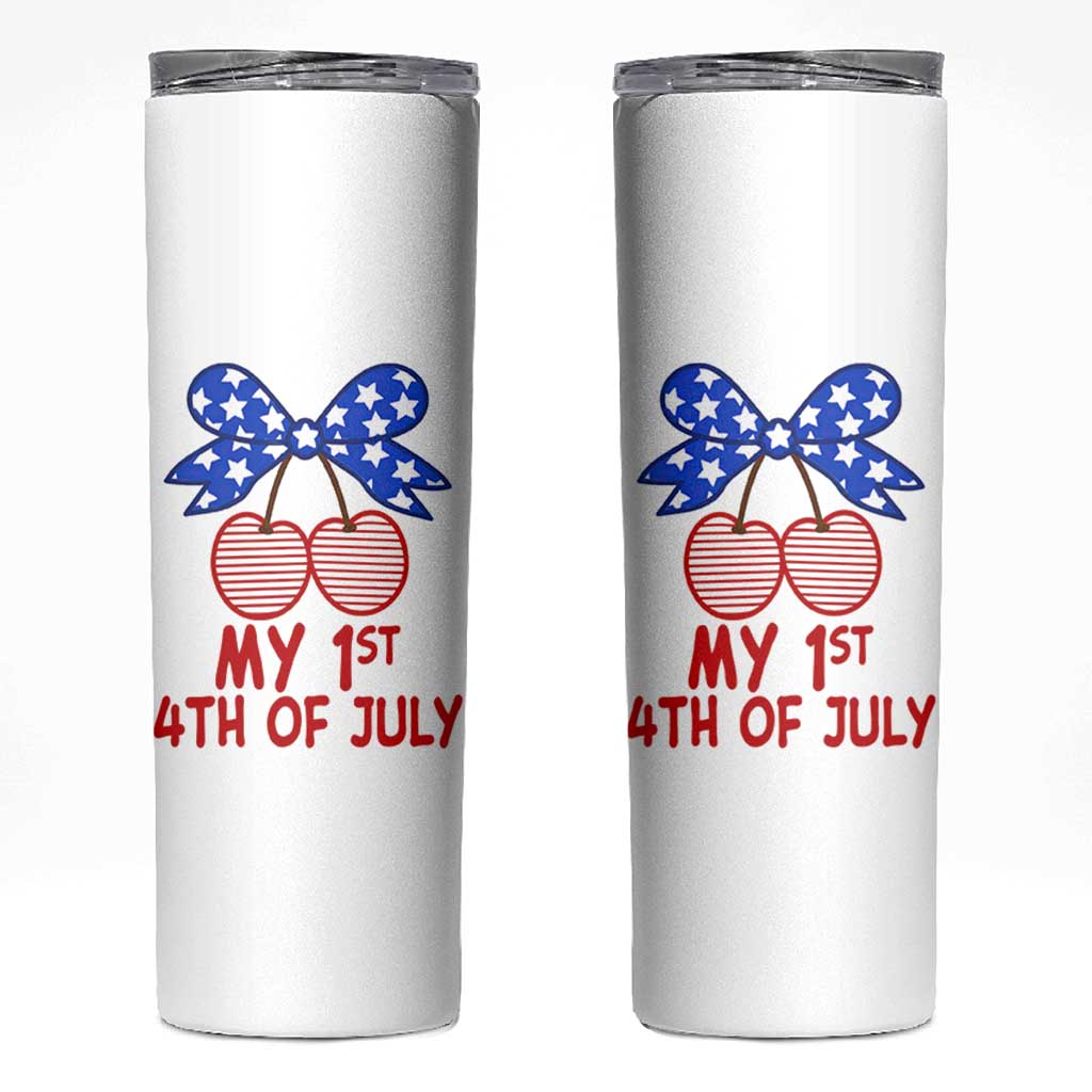 My 1st 4th of July Coquette Bow Striped Cherries Skinny Tumbler Preppy Patriotic Baby Girl Independence Holiday
