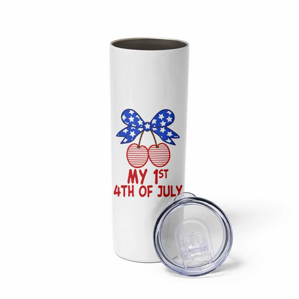 My 1st 4th of July Coquette Bow Striped Cherries Skinny Tumbler Preppy Patriotic Baby Girl Independence Holiday