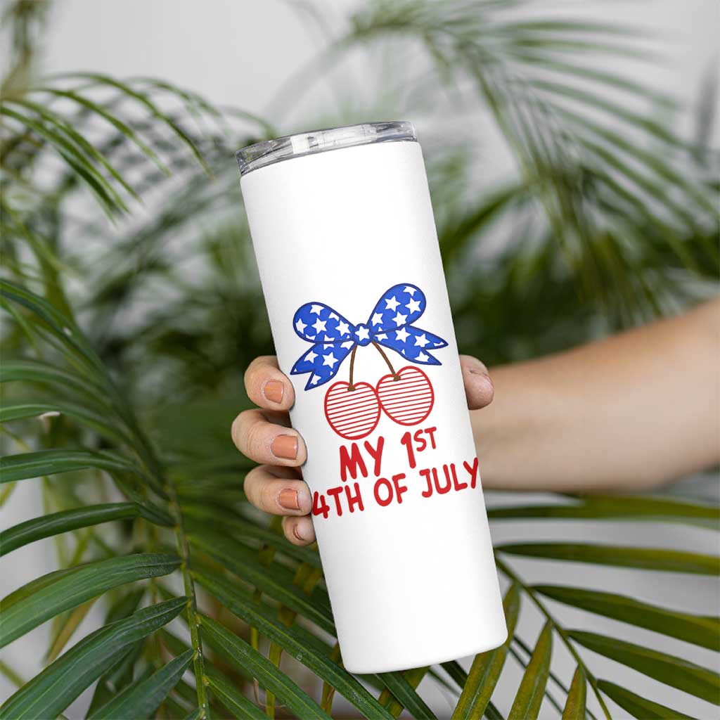 My 1st 4th of July Coquette Bow Striped Cherries Skinny Tumbler Preppy Patriotic Baby Girl Independence Holiday