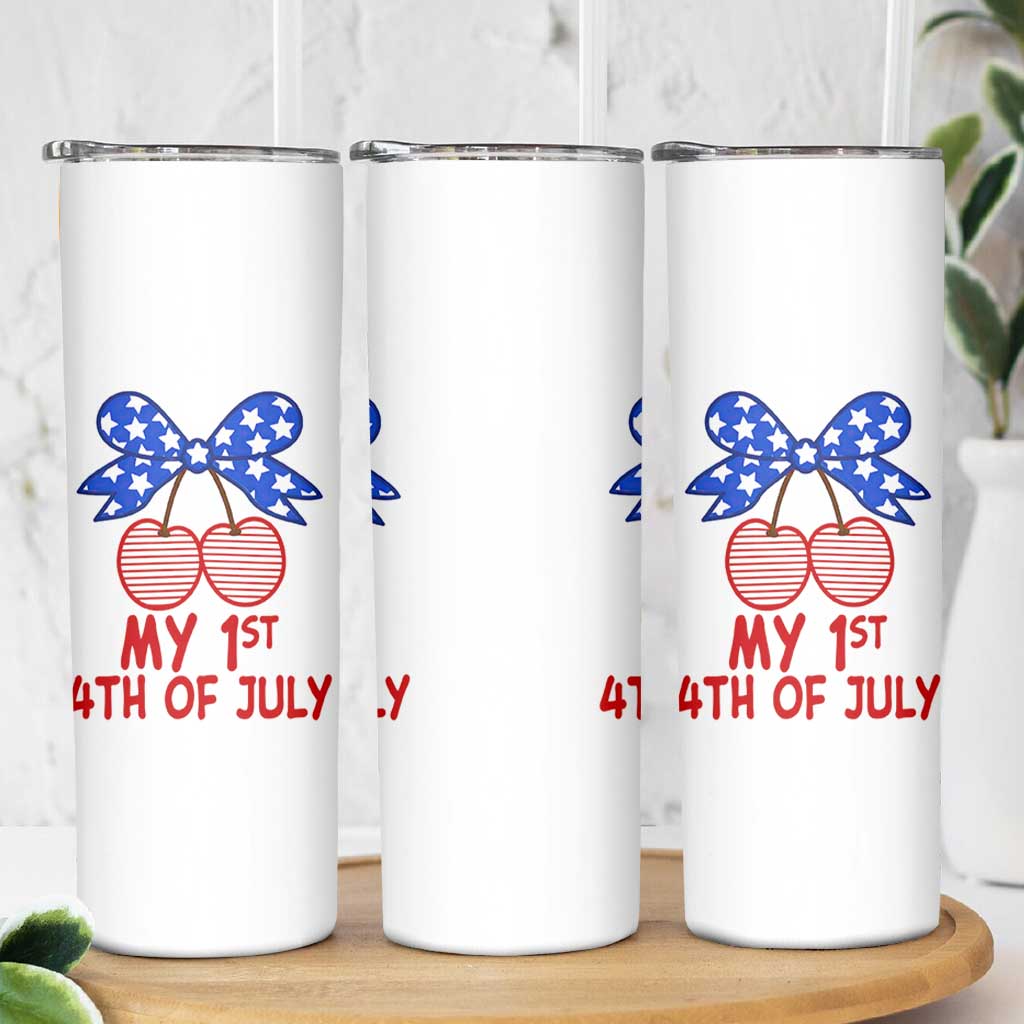 My 1st 4th of July Coquette Bow Striped Cherries Skinny Tumbler Preppy Patriotic Baby Girl Independence Holiday