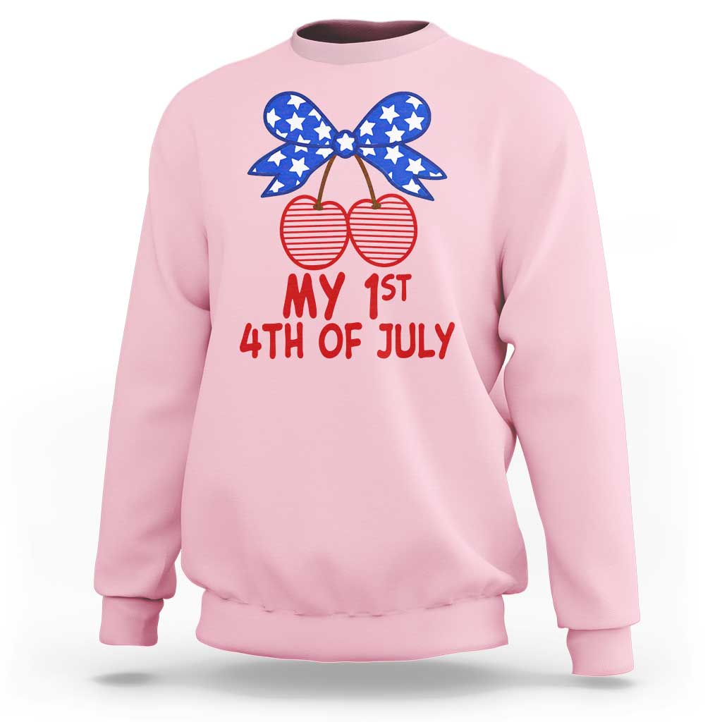 My 1st 4th of July Coquette Bow Striped Cherries Sweatshirt Preppy Patriotic Baby Girl Independence Holiday