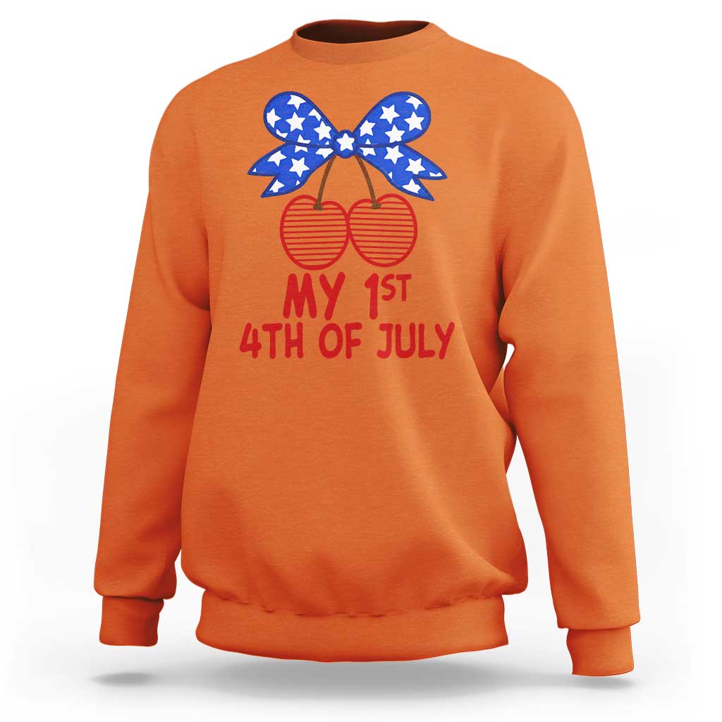 My 1st 4th of July Coquette Bow Striped Cherries Sweatshirt Preppy Patriotic Baby Girl Independence Holiday