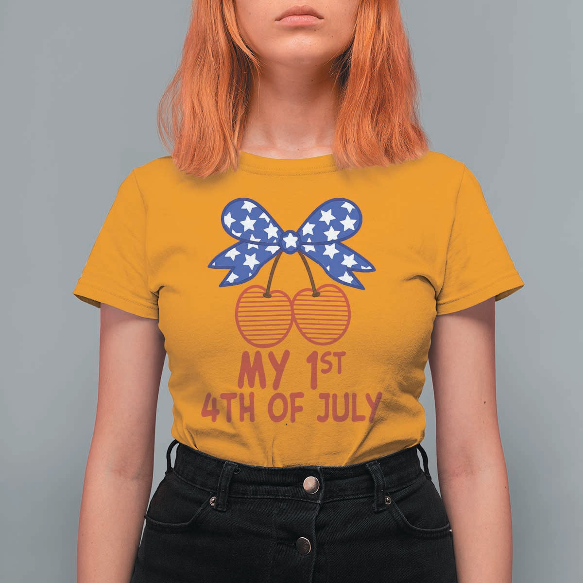My 1st 4th of July Coquette Bow Striped Cherries T Shirt For Women Preppy Patriotic Baby Girl Independence Holiday