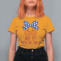 My 1st 4th of July Coquette Bow Striped Cherries T Shirt For Women Preppy Patriotic Baby Girl Independence Holiday