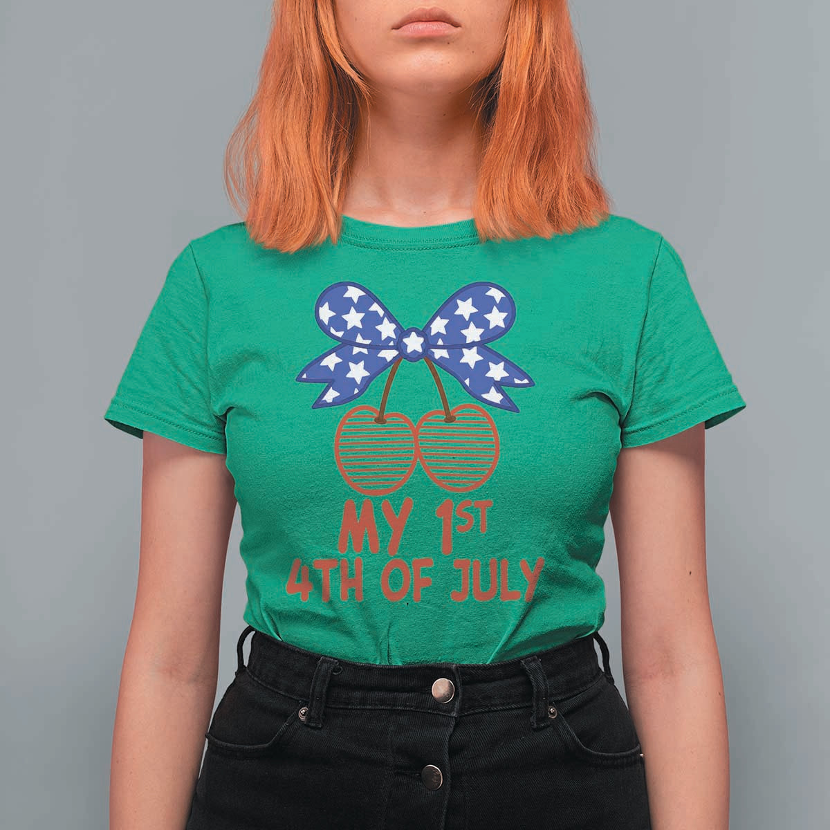 My 1st 4th of July Coquette Bow Striped Cherries T Shirt For Women Preppy Patriotic Baby Girl Independence Holiday