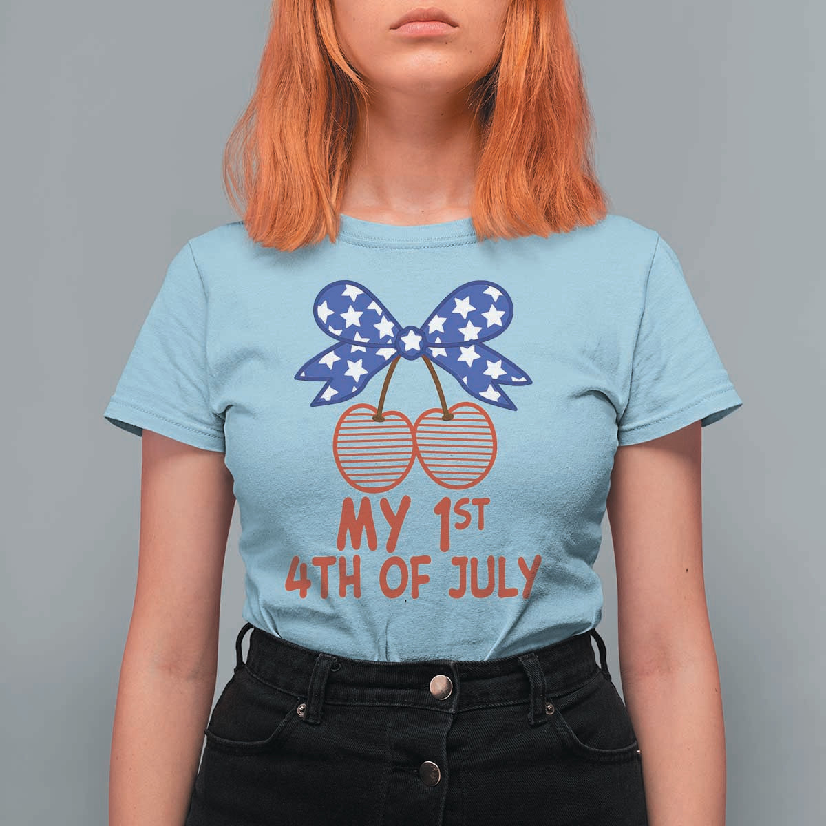 My 1st 4th of July Coquette Bow Striped Cherries T Shirt For Women Preppy Patriotic Baby Girl Independence Holiday