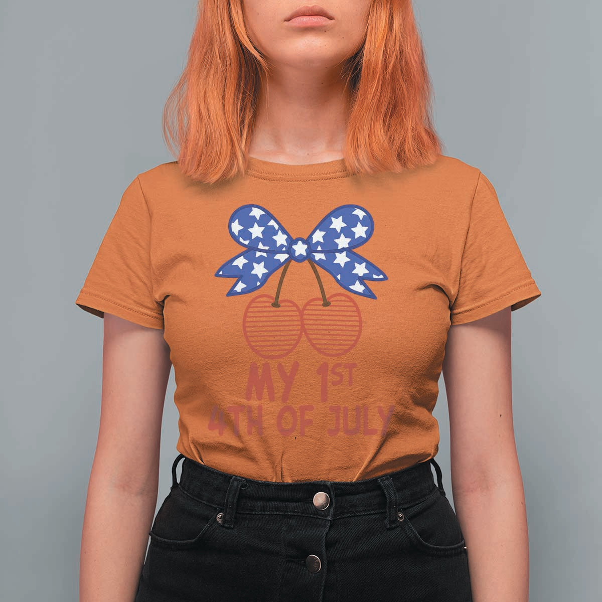 My 1st 4th of July Coquette Bow Striped Cherries T Shirt For Women Preppy Patriotic Baby Girl Independence Holiday