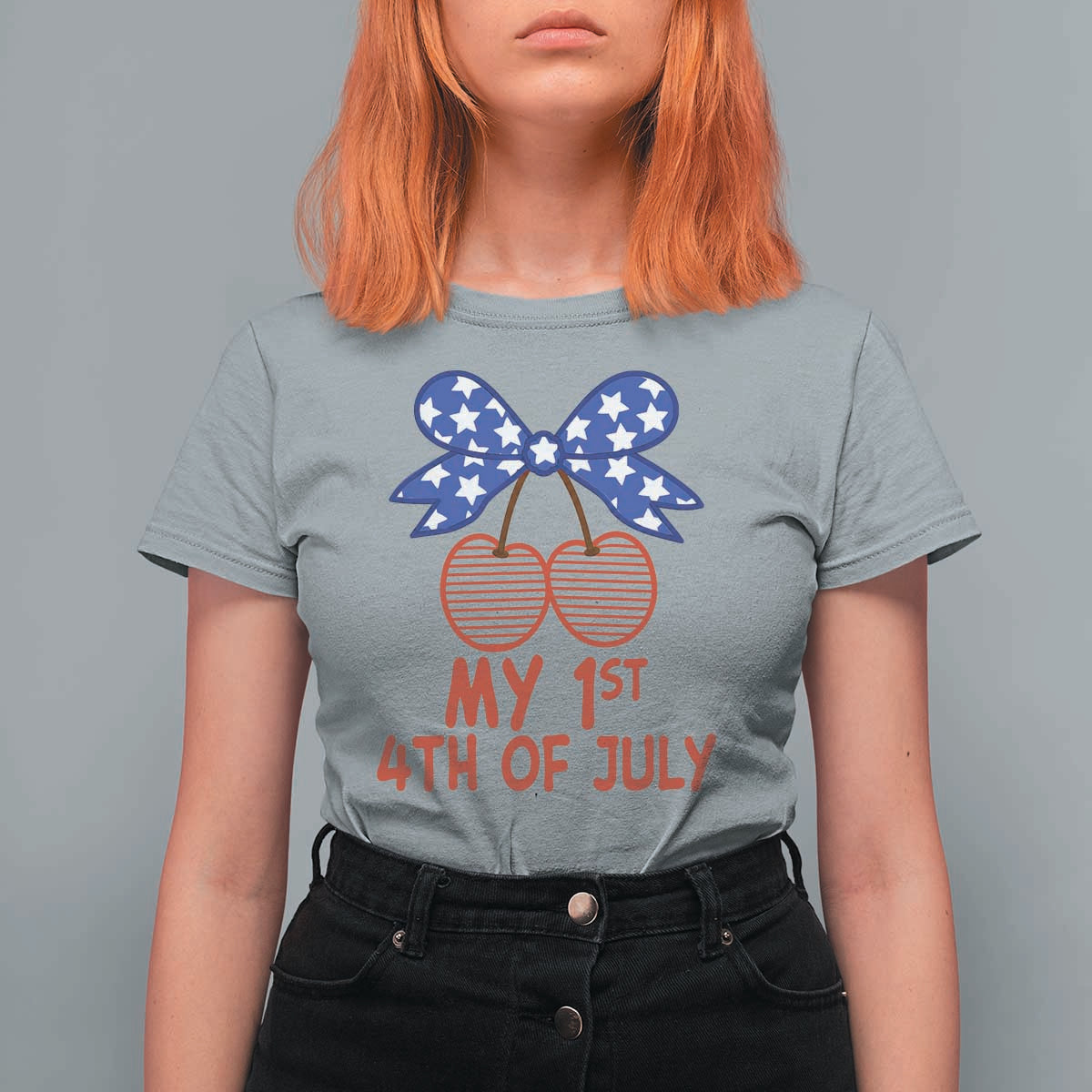 My 1st 4th of July Coquette Bow Striped Cherries T Shirt For Women Preppy Patriotic Baby Girl Independence Holiday