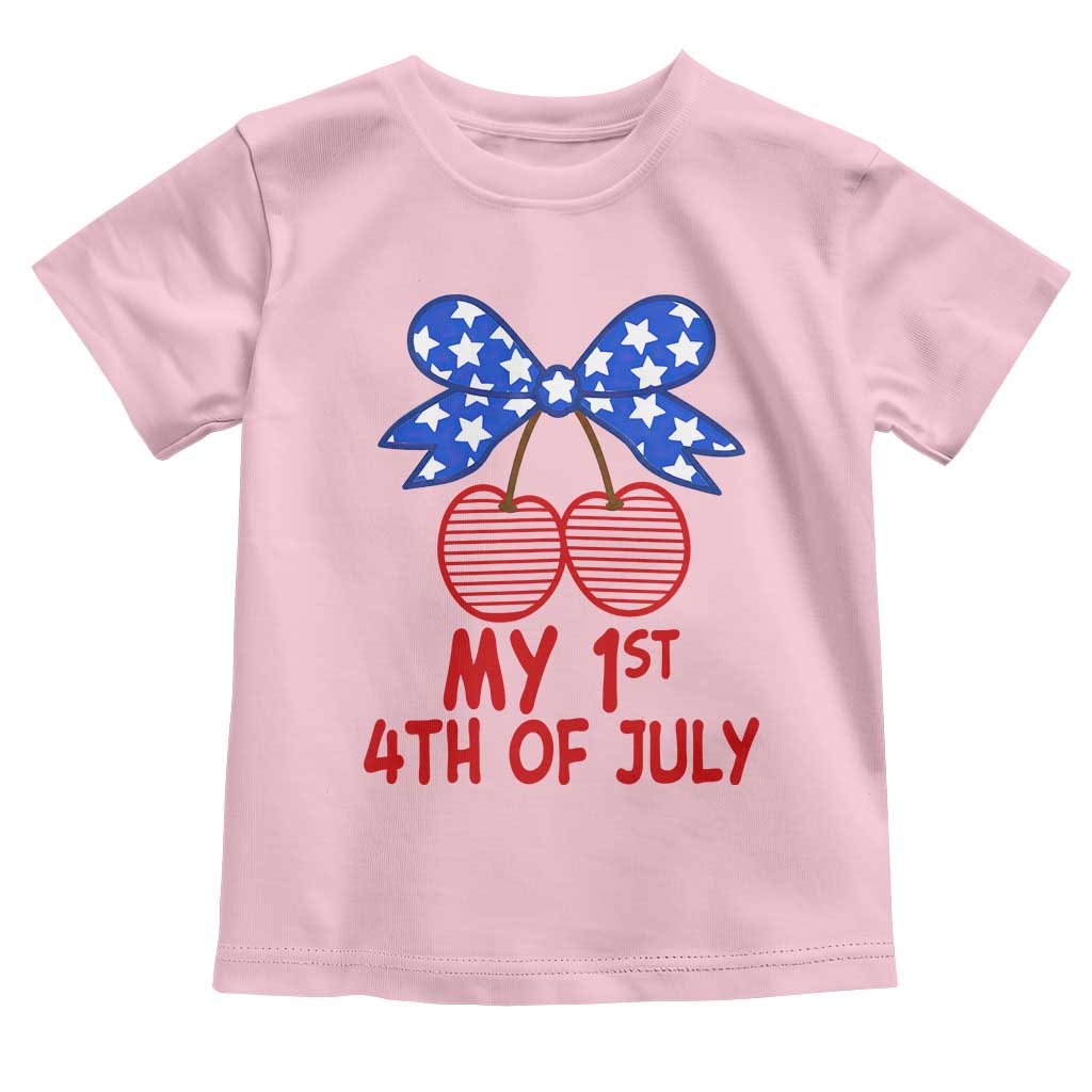 My 1st 4th of July Coquette Bow Striped Cherries Toddler T Shirt Preppy Patriotic Baby Girl Independence Holiday