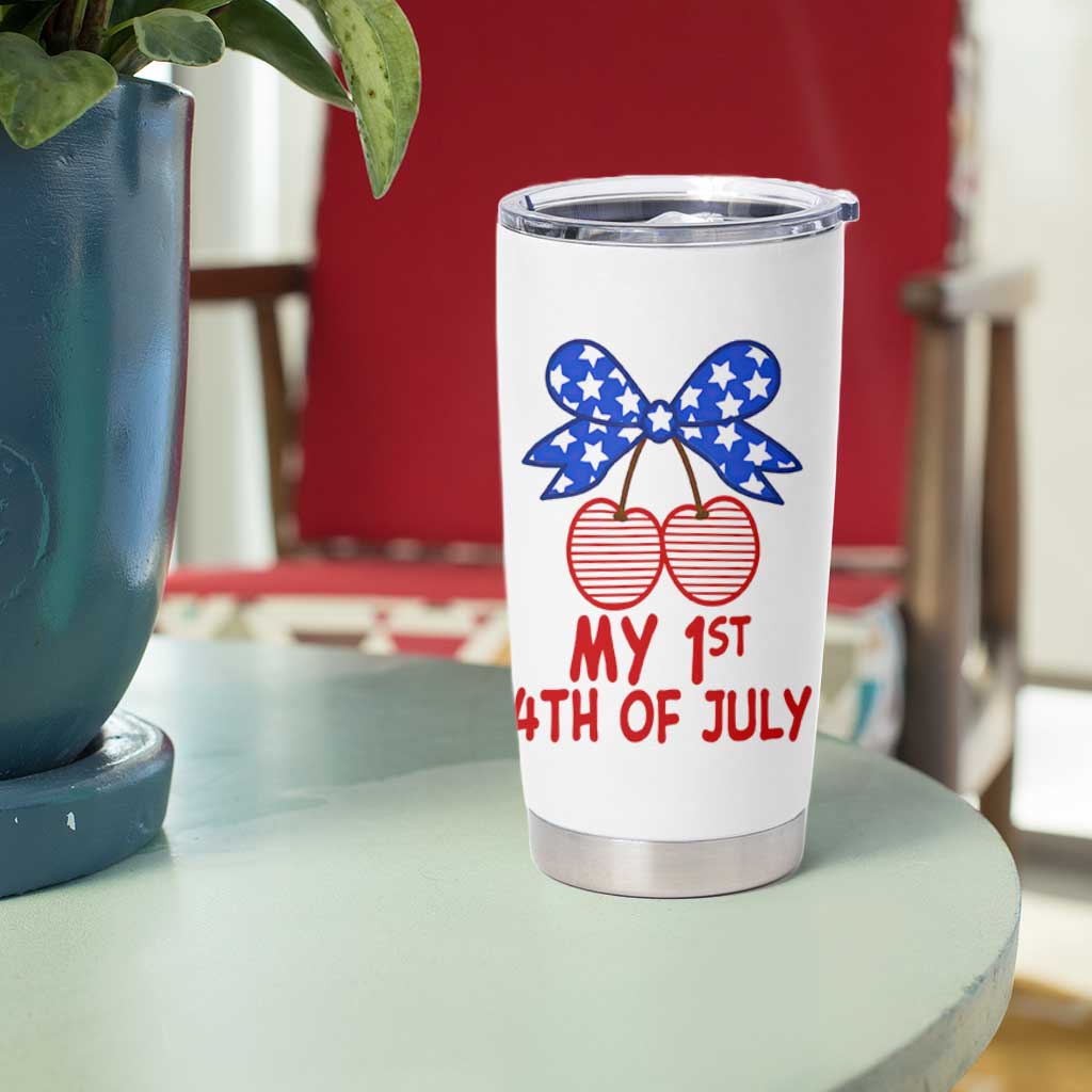 My 1st 4th of July Coquette Bow Striped Cherries Tumbler Cup Preppy Patriotic Baby Girl Independence Holiday