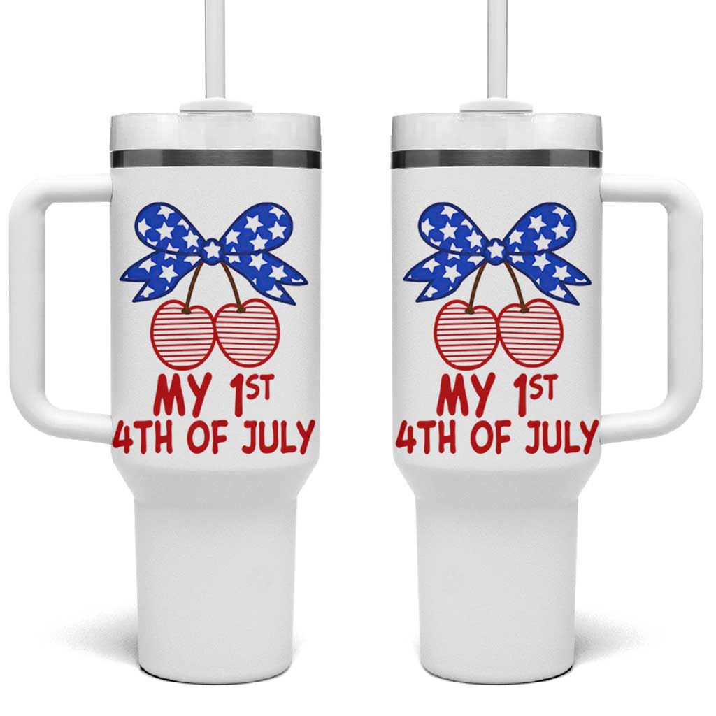 My 1st 4th of July Coquette Bow Striped Cherries Tumbler With Handle Preppy Patriotic Baby Girl Independence Holiday