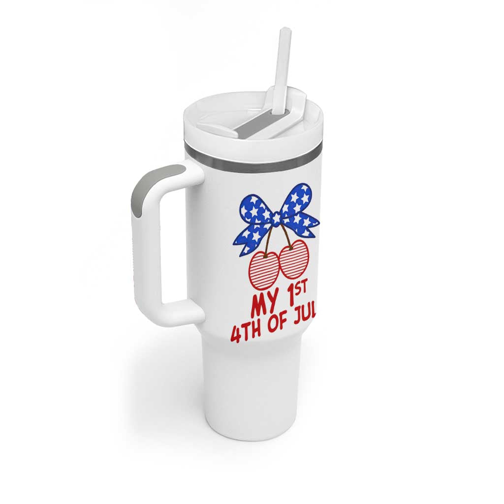 My 1st 4th of July Coquette Bow Striped Cherries Tumbler With Handle Preppy Patriotic Baby Girl Independence Holiday