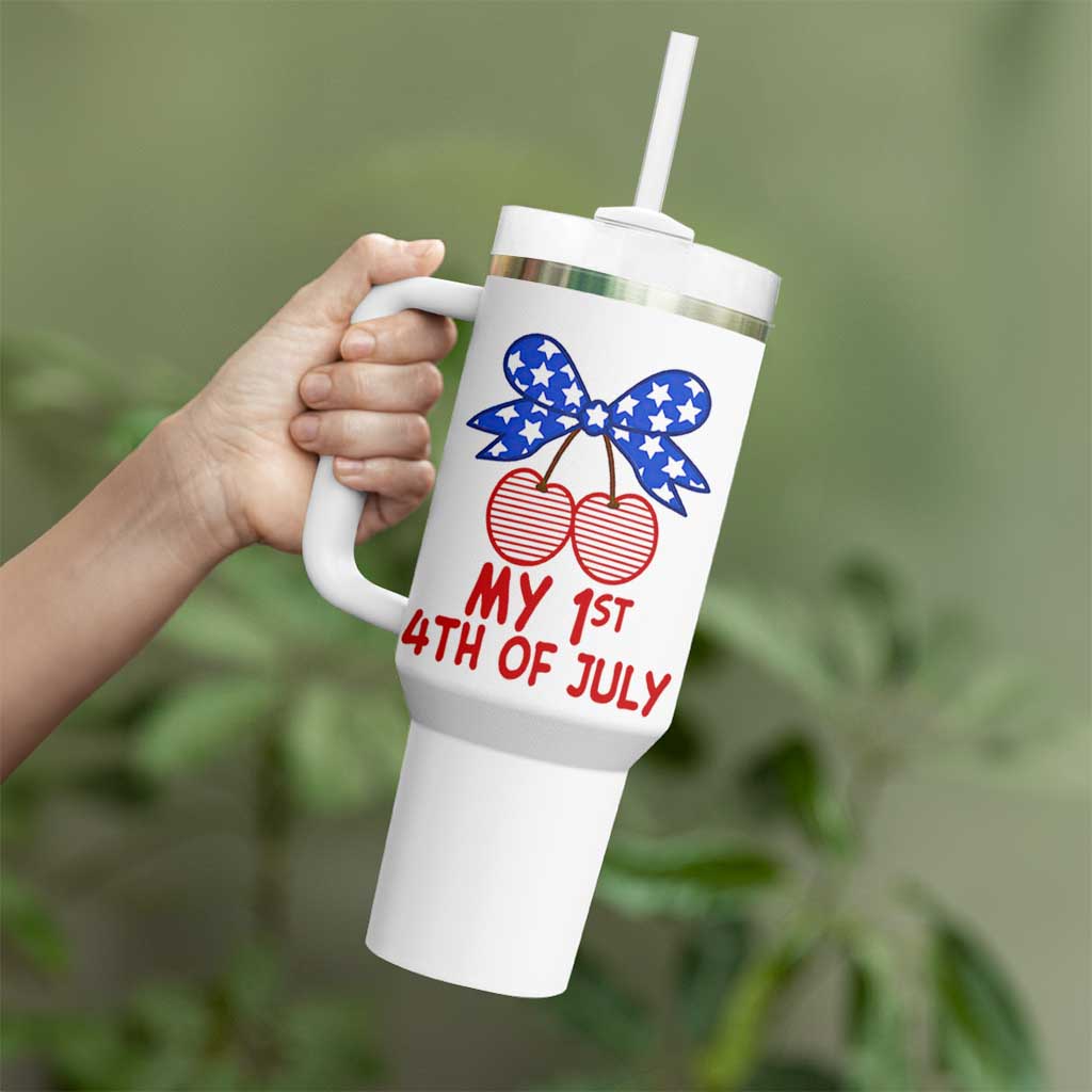 My 1st 4th of July Coquette Bow Striped Cherries Tumbler With Handle Preppy Patriotic Baby Girl Independence Holiday