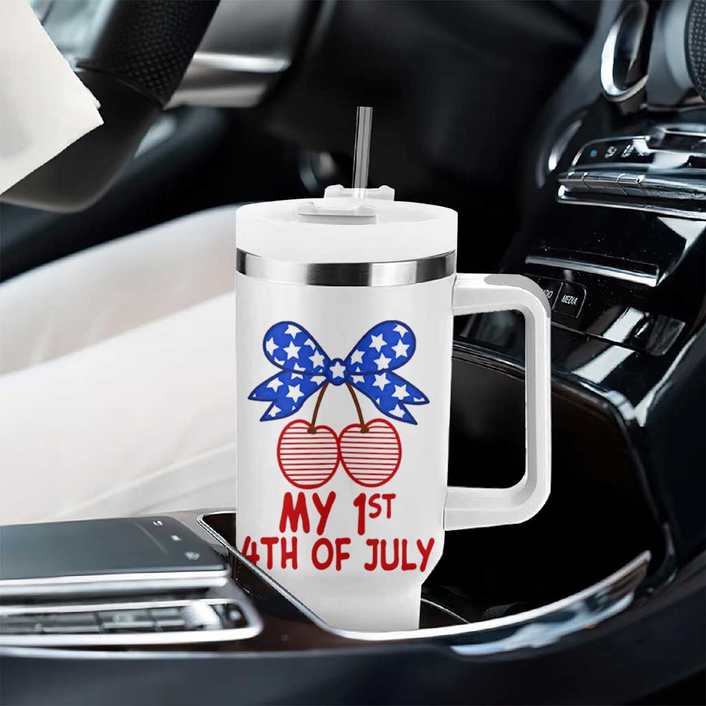 My 1st 4th of July Coquette Bow Striped Cherries Tumbler With Handle Preppy Patriotic Baby Girl Independence Holiday