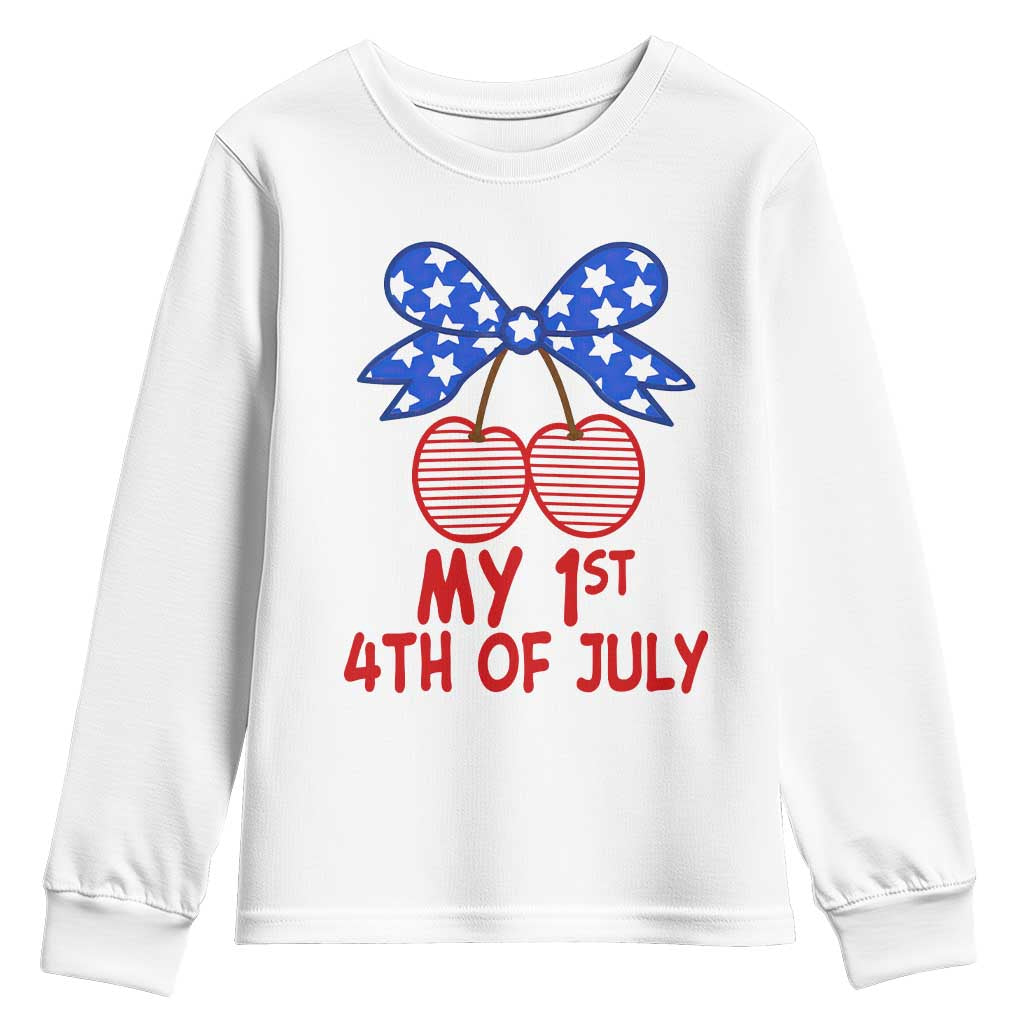 My 1st 4th of July Coquette Bow Striped Cherries Youth Sweatshirt Preppy Patriotic Baby Girl Independence Holiday