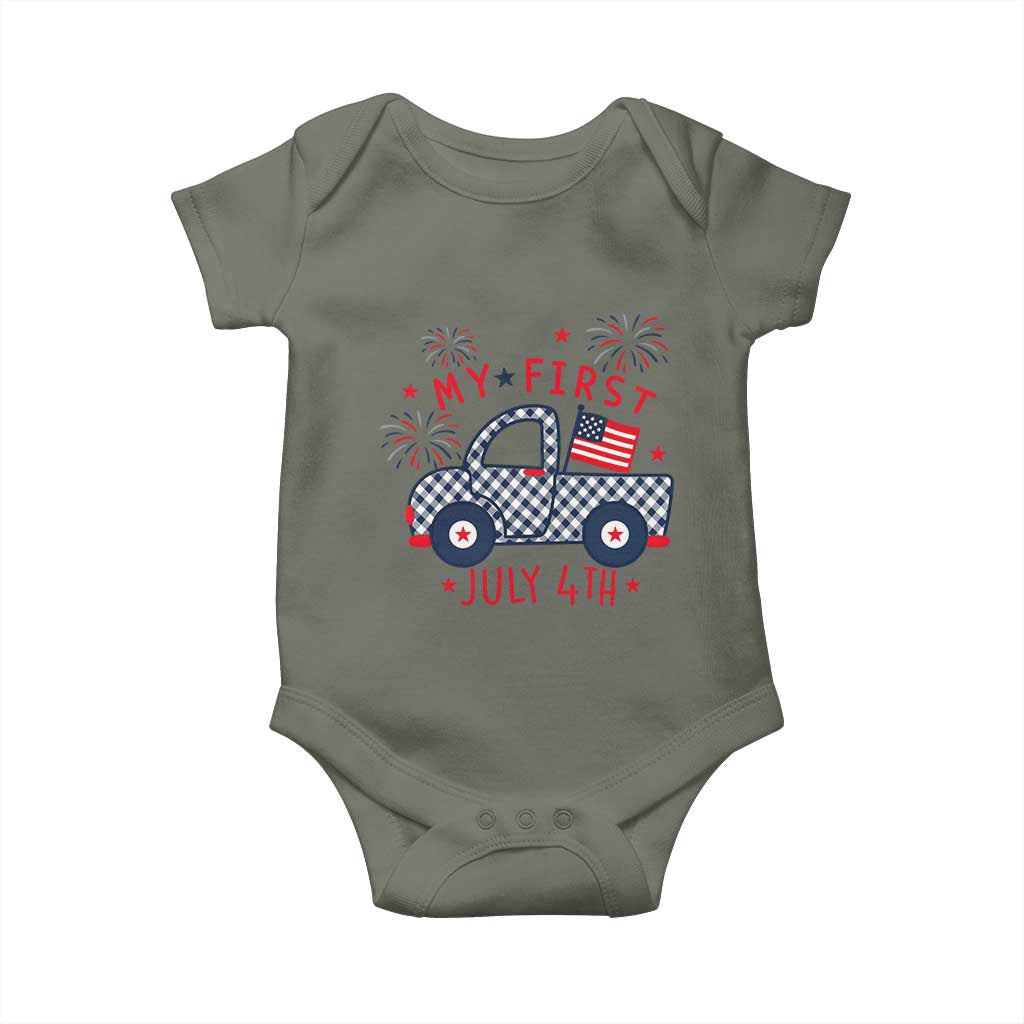 My First July 4th Gingham Vintage Truck Americana Baby Onesie Patriotic Fireworks Independence Holiday Milestone