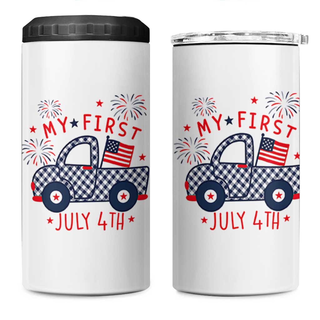 My First July 4th Gingham Vintage Truck Americana 4 in 1 Can Cooler Tumbler Patriotic Fireworks Independence Holiday Milestone