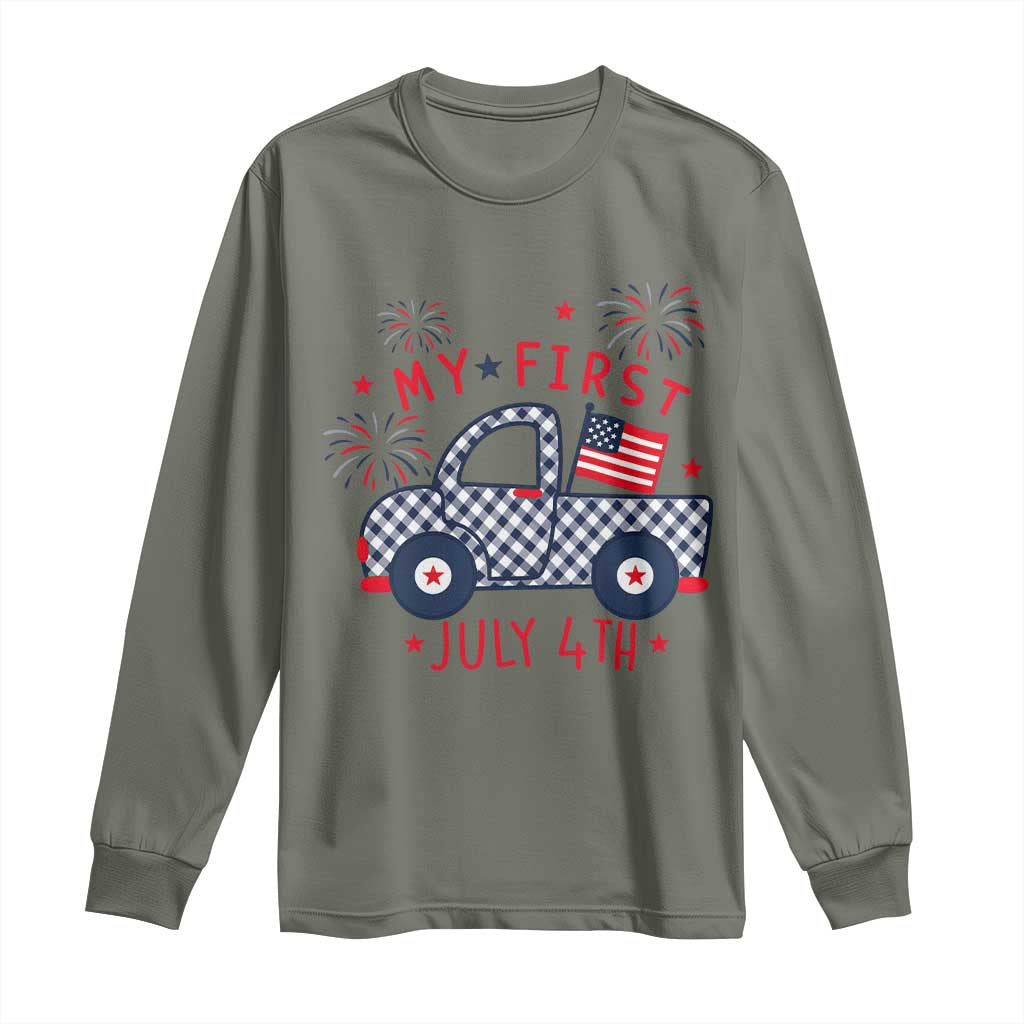 My First July 4th Gingham Vintage Truck Americana Long Sleeve Shirt Patriotic Fireworks Independence Holiday Milestone