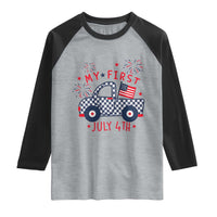 My First July 4th Gingham Vintage Truck Americana Raglan Shirt Patriotic Fireworks Independence Holiday Milestone