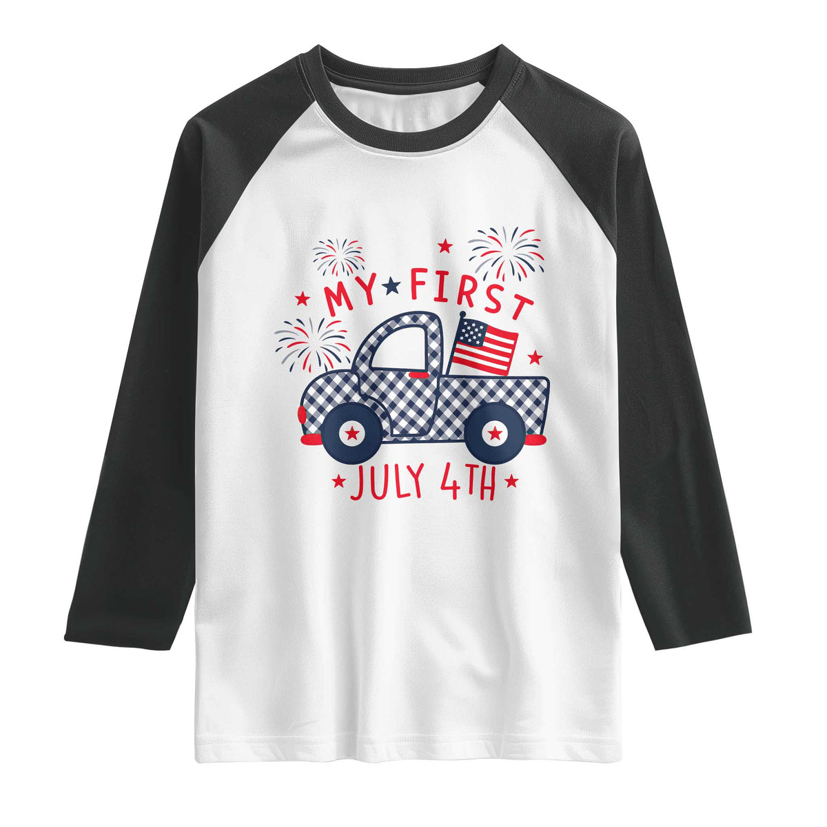 My First July 4th Gingham Vintage Truck Americana Raglan Shirt Patriotic Fireworks Independence Holiday Milestone