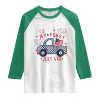 My First July 4th Gingham Vintage Truck Americana Raglan Shirt Patriotic Fireworks Independence Holiday Milestone