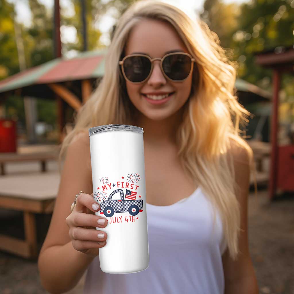 My First July 4th Gingham Vintage Truck Americana Skinny Tumbler Patriotic Fireworks Independence Holiday Milestone