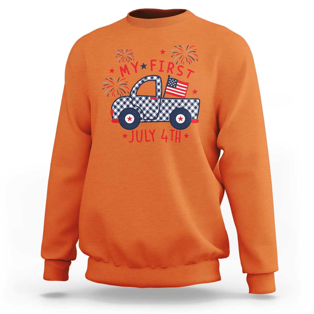 My First July 4th Gingham Vintage Truck Americana Sweatshirt Patriotic Fireworks Independence Holiday Milestone
