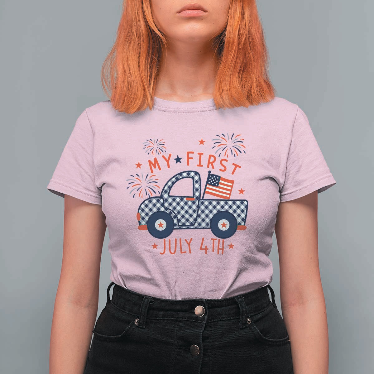 My First July 4th Gingham Vintage Truck Americana T Shirt For Women Patriotic Fireworks Independence Holiday Milestone