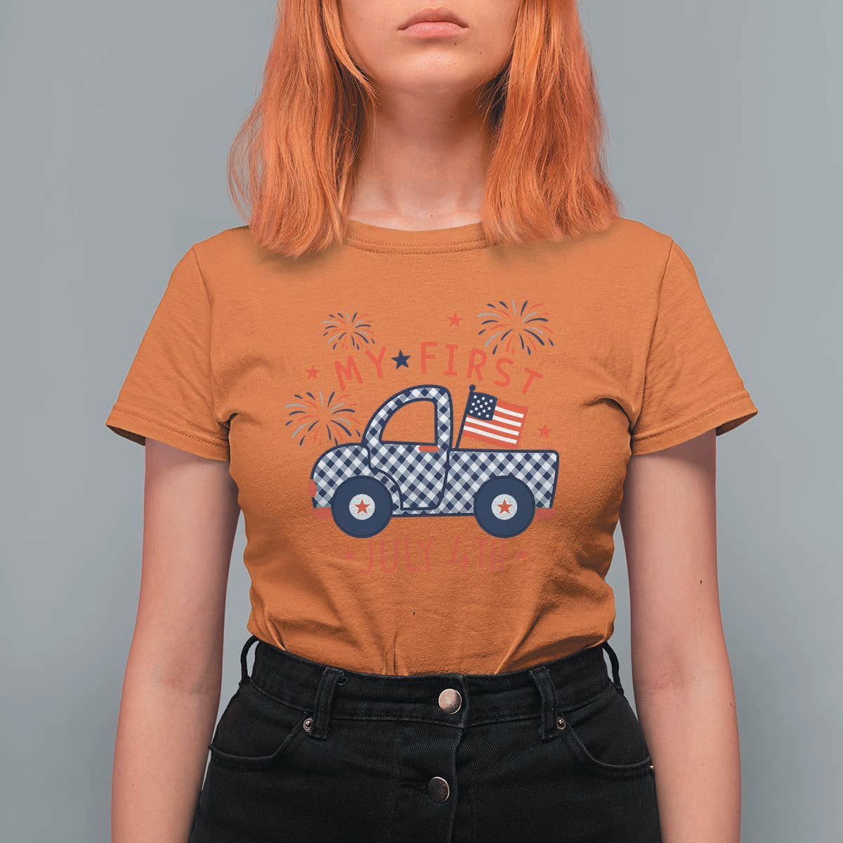 My First July 4th Gingham Vintage Truck Americana T Shirt For Women Patriotic Fireworks Independence Holiday Milestone