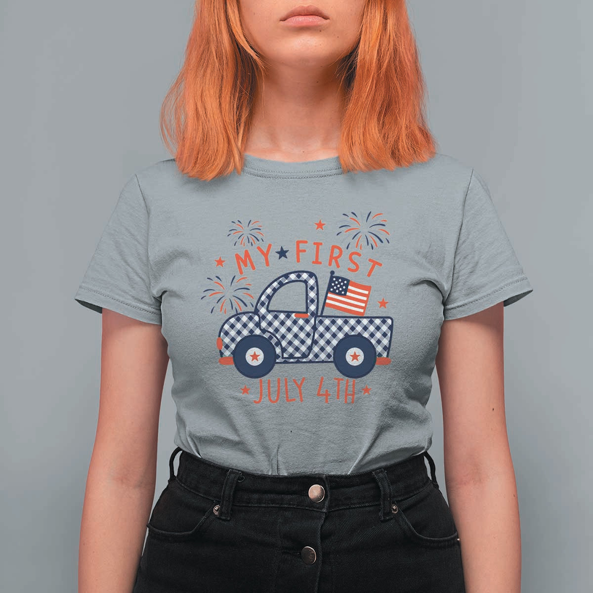 My First July 4th Gingham Vintage Truck Americana T Shirt For Women Patriotic Fireworks Independence Holiday Milestone