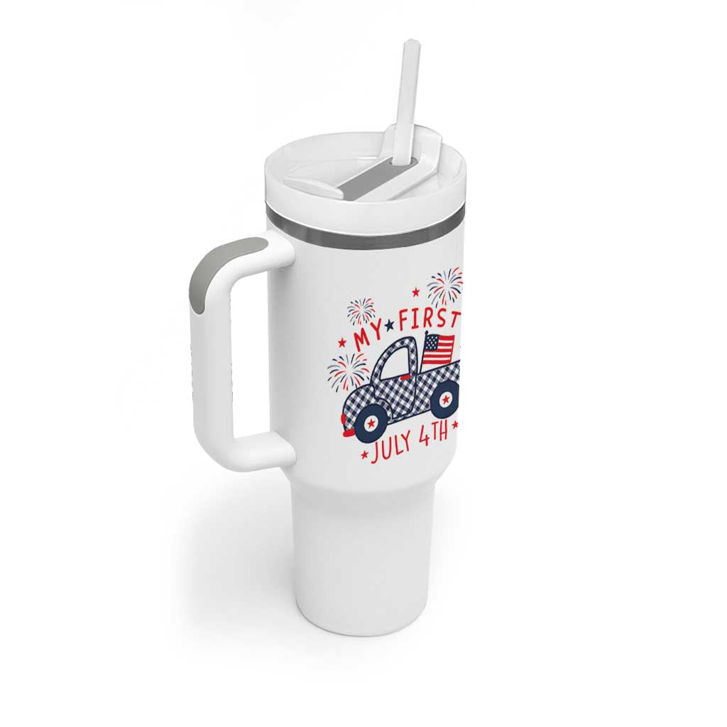 My First July 4th Gingham Vintage Truck Americana Tumbler With Handle Patriotic Fireworks Independence Holiday Milestone