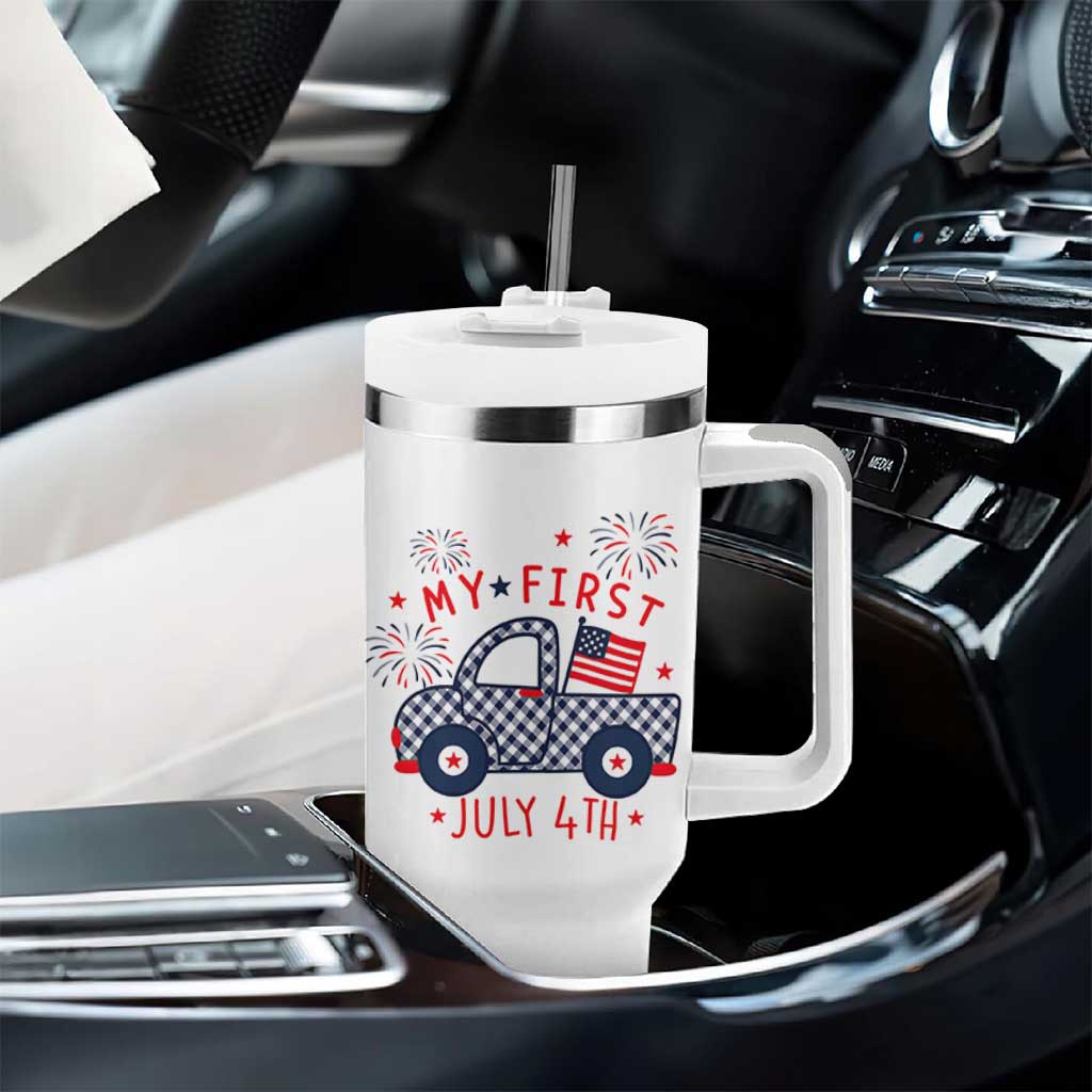 My First July 4th Gingham Vintage Truck Americana Tumbler With Handle Patriotic Fireworks Independence Holiday Milestone