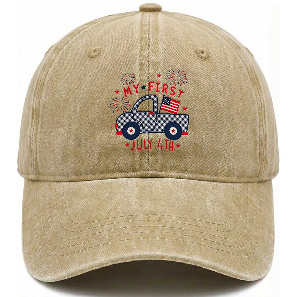 My First July 4th Gingham Vintage Truck Americana Washed Cotton Baseball Cap Patriotic Fireworks Independence Holiday Milestone
