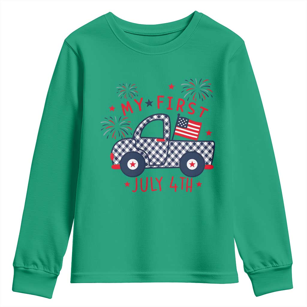 My First July 4th Gingham Vintage Truck Americana Youth Sweatshirt Patriotic Fireworks Independence Holiday Milestone