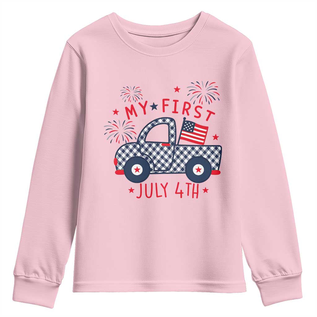 My First July 4th Gingham Vintage Truck Americana Youth Sweatshirt Patriotic Fireworks Independence Holiday Milestone