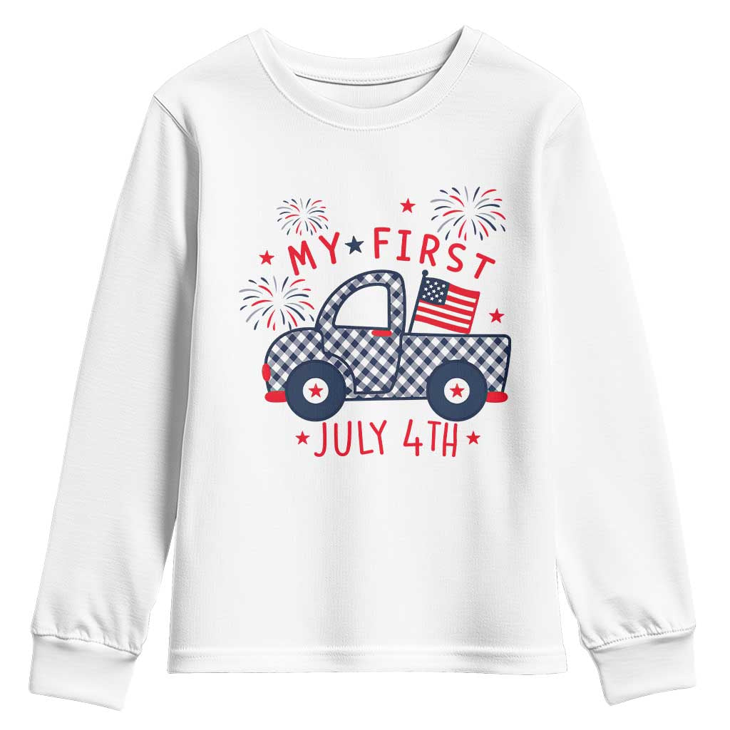 My First July 4th Gingham Vintage Truck Americana Youth Sweatshirt Patriotic Fireworks Independence Holiday Milestone
