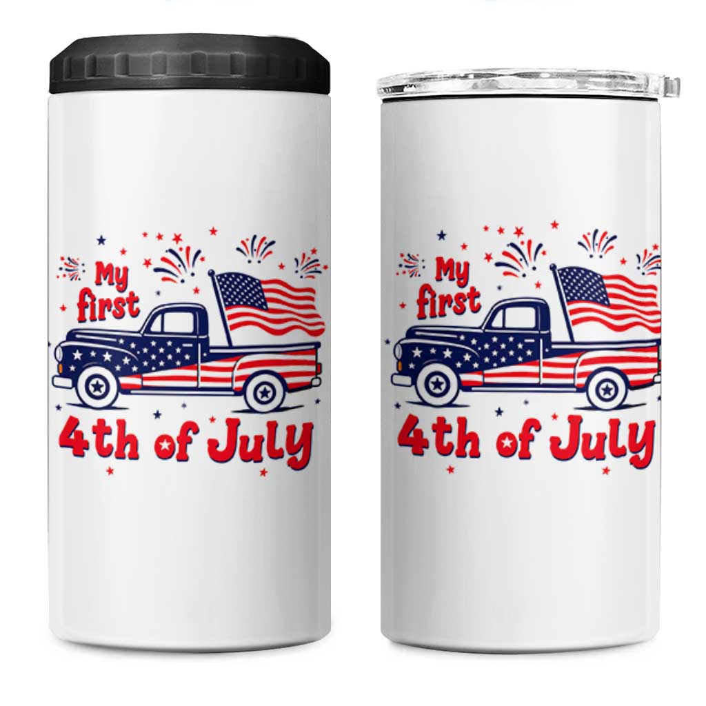 My First 4th of July Retro American Flag Pickup Truck 4 in 1 Can Cooler Tumbler Americana Patriotic Independence Holiday Milestone
