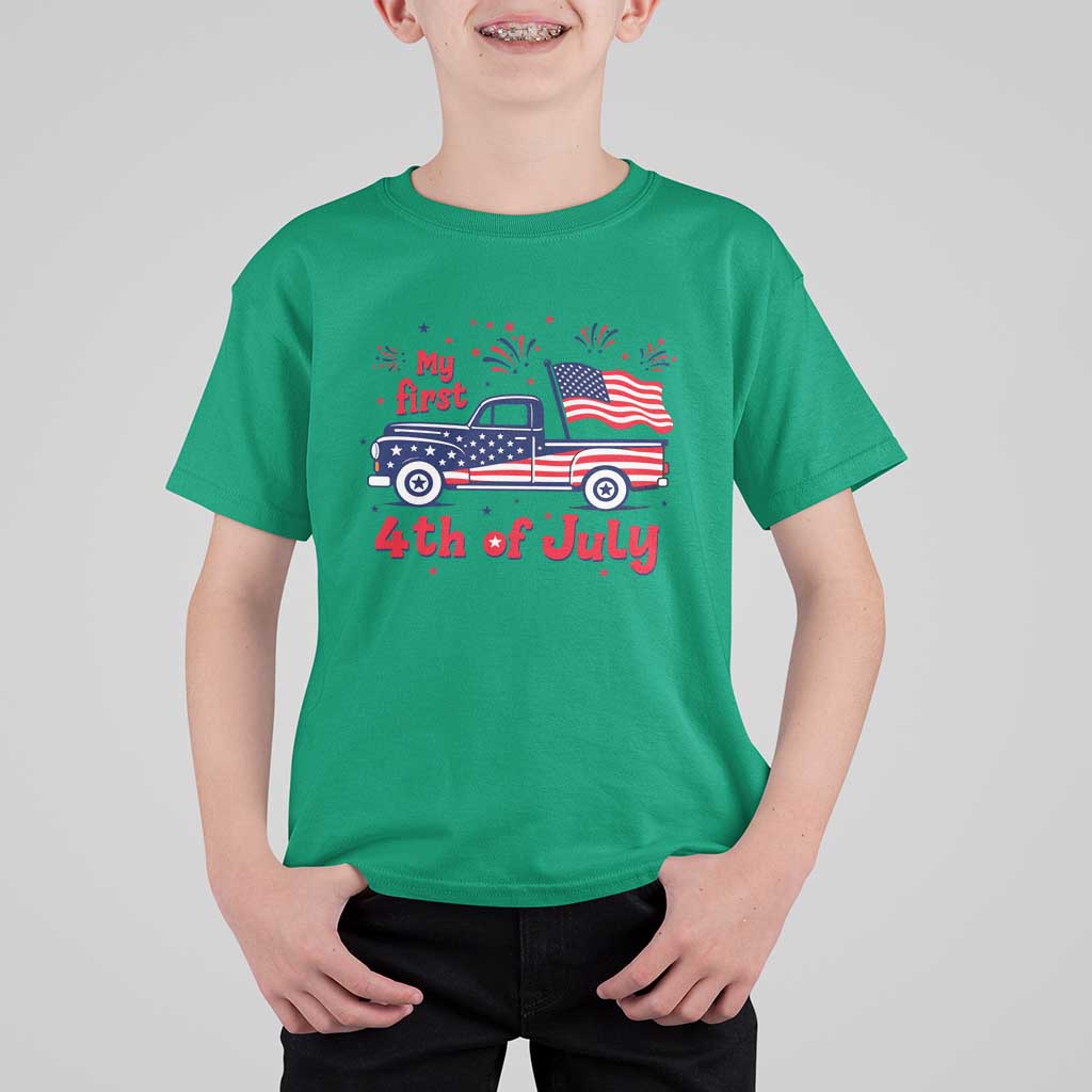 My First 4th of July Retro American Flag Pickup Truck T Shirt For Kid Americana Patriotic Independence Holiday Milestone